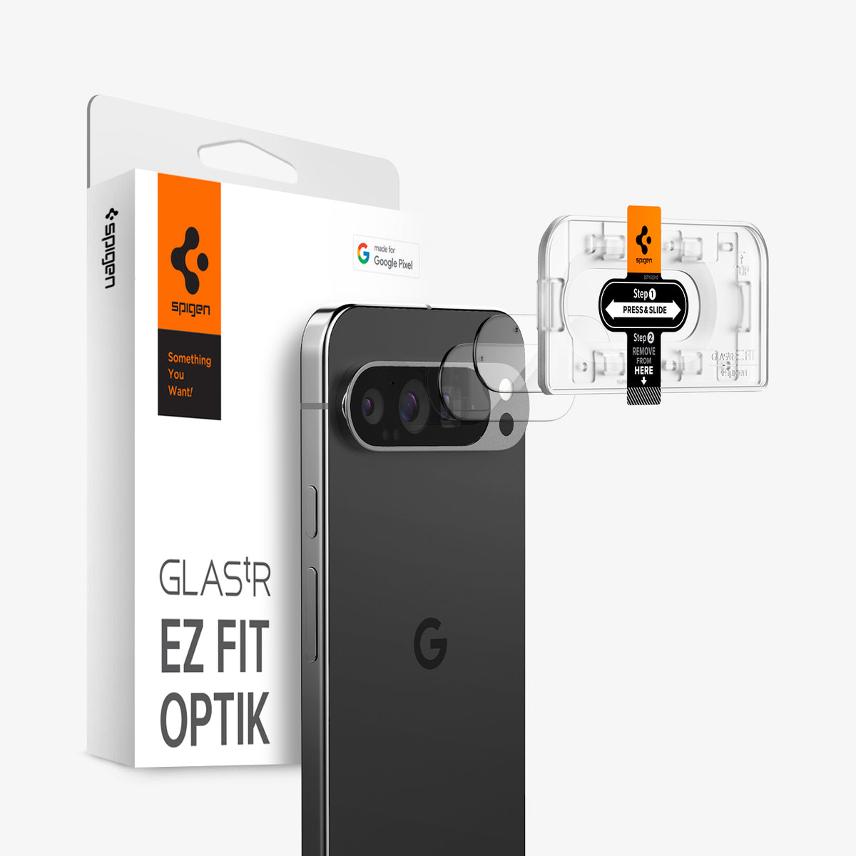 AGL08444 - Pixel 9 Pro Case Optik EZ Fit Lens Protector in Crystal Clear showing the installation tray hovering in front of the lens protector and the device, behind it, is the packaging