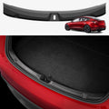ACP11540 - Tesla Series Trunk Sill Guard Black Spigen bumper protector piece shown alone, alongside a red Tesla Model 3 and a close-up of it installed on the trunk edge