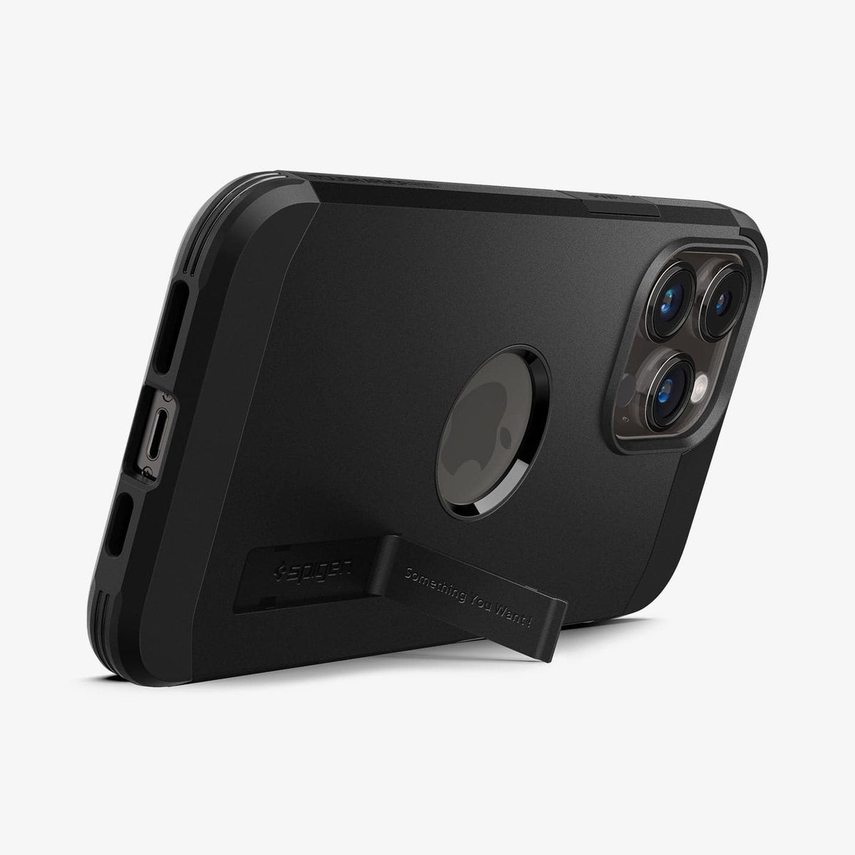 ACS04985 - iPhone 14 Pro Case Tough Armor (MagFit) in black showing the device being propped up horizontally by built in kickstand