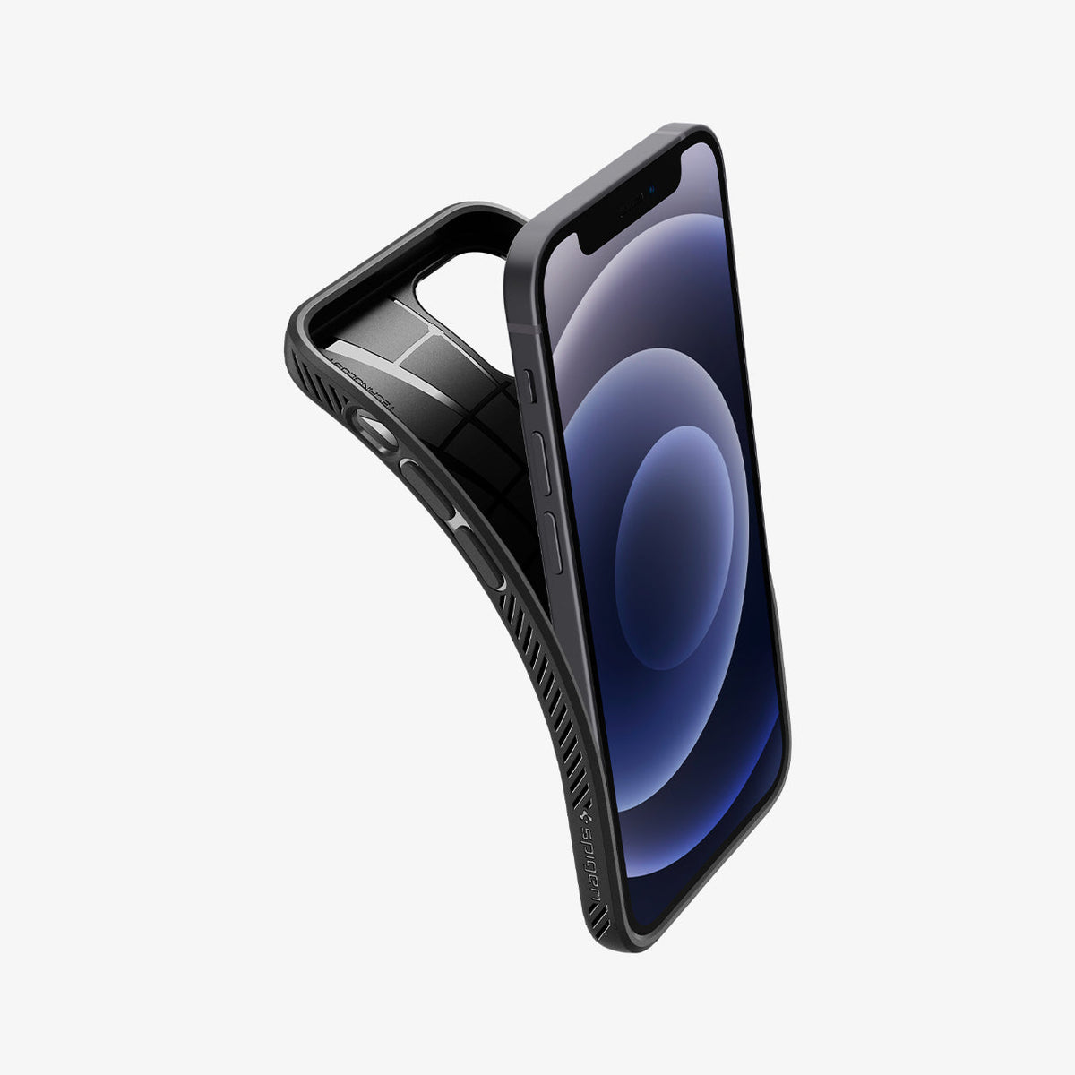 ACS01744 - iPhone 12 Mini Case Liquid Air in matte black showing the case bending away from device to show the flexibility