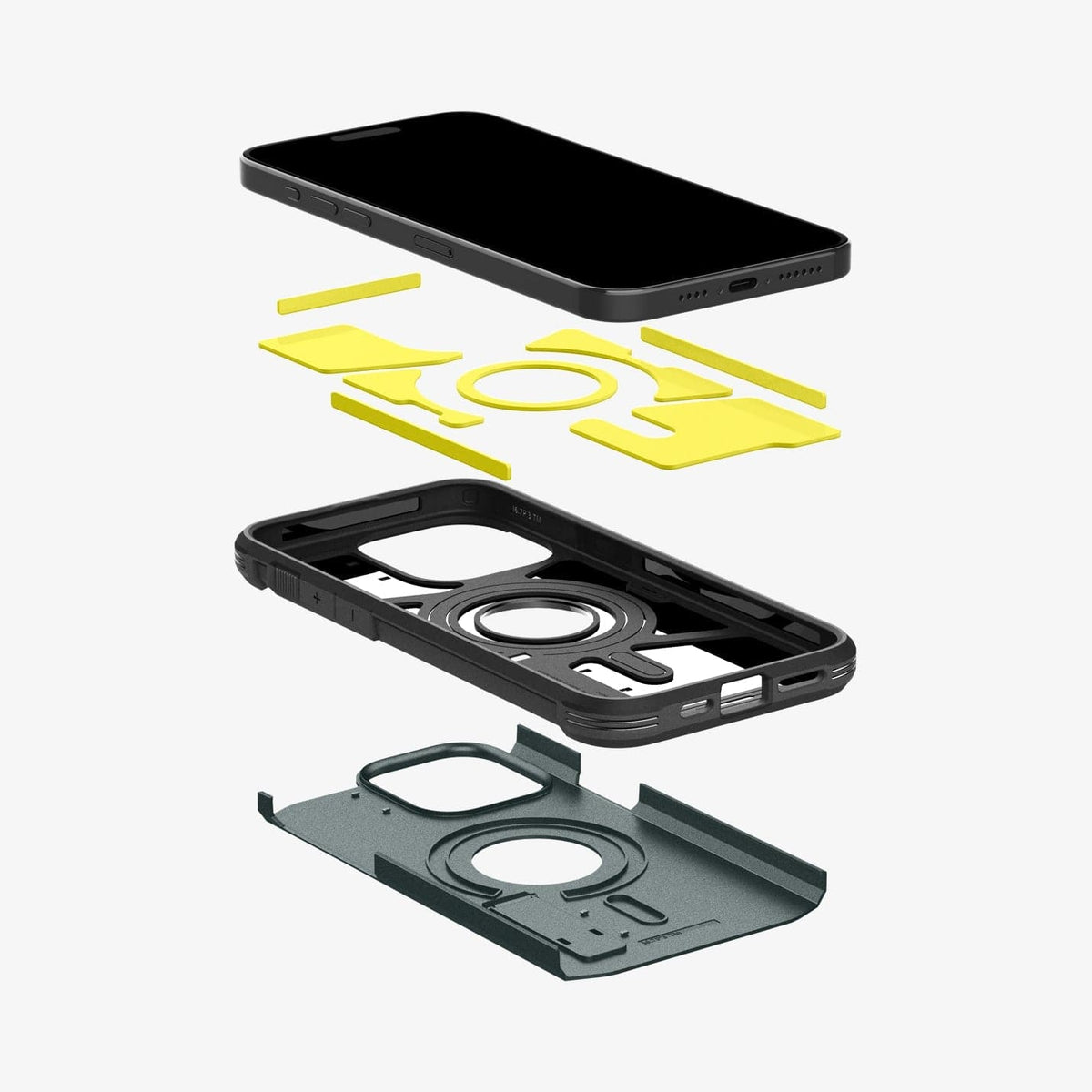 ACS06735 - iPhone 15 Pro Case Tough Armor (MagFit) in abyss green showing the hard pc, soft tpu, impact foam and device