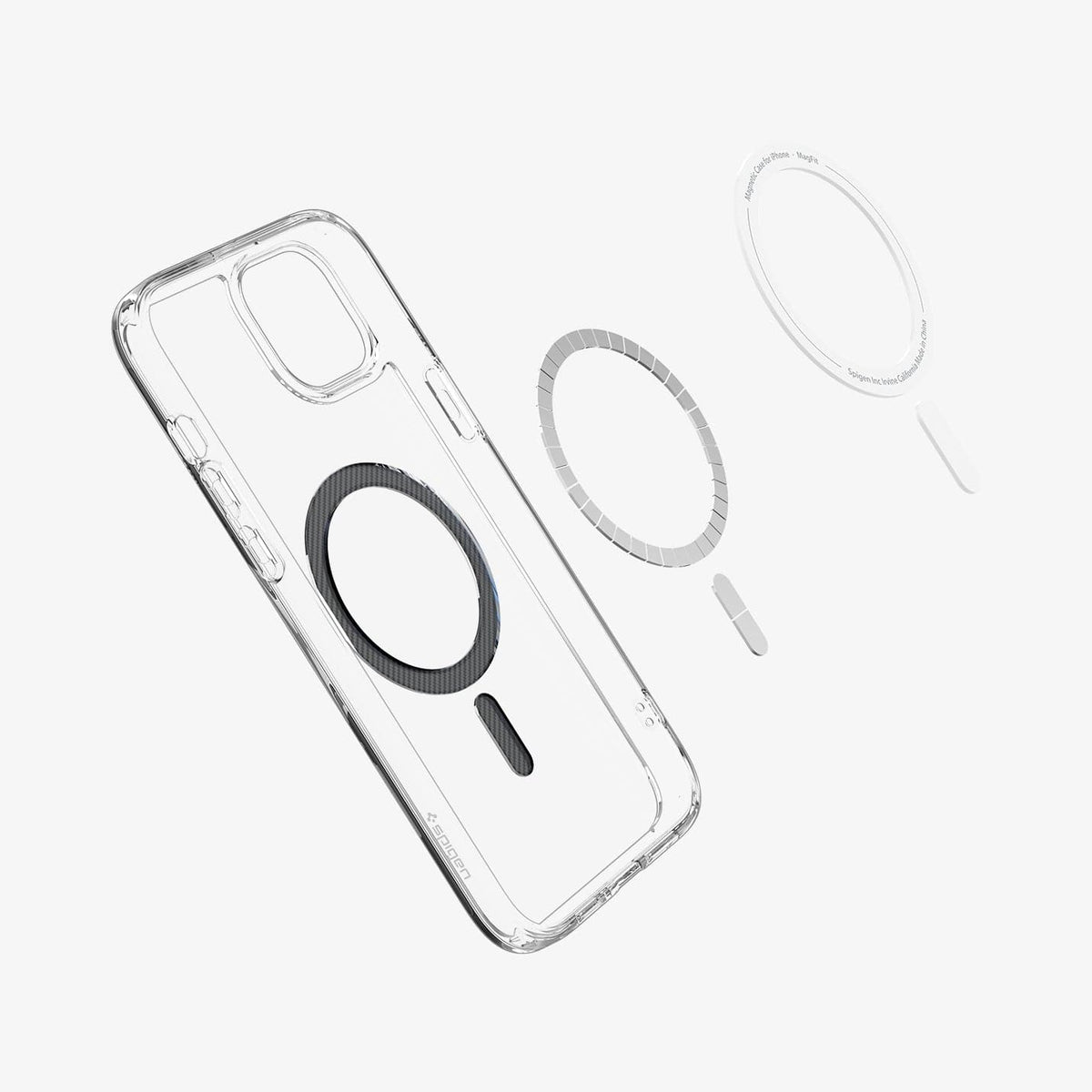 ACS06805 - iPhone 15 Case Ultra Hybrid (MagFit) in carbon fiber showing the inside magnetic ring layers