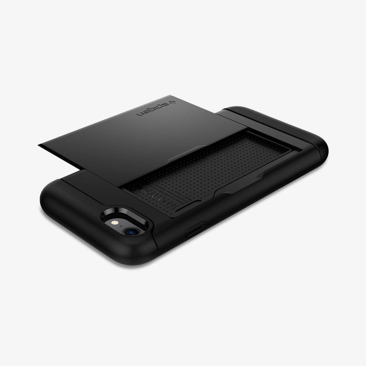 042CS20455 - iPhone 7 Series Slim Armor CS Case in Black showing the back with card slider out, flat