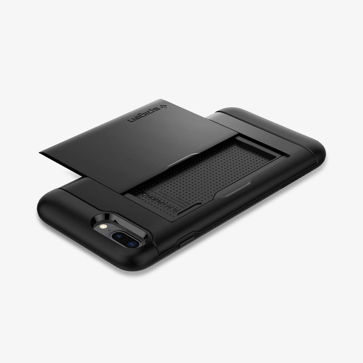 043CS20528 - iPhone 8 Series Slim Armor CS Case in Black showing the back with card slider out, flat
