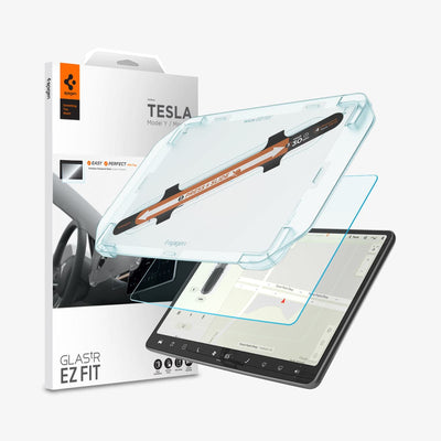 AGL02193 - Tesla Model 3 / Y Screen Protector EZ FIT GLAS.tR showing the packaging, EZ fit tray, screen protector, Tesla screen